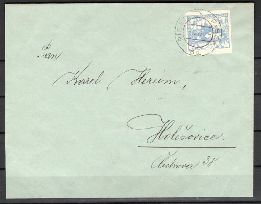 10 Nc, dopis vyplacený 25 H ultramarín, jako jednoznámková frankatura, razítko Písek, 9/11/1919. Skutečné poštovní použití u mimopražského poštovního úřadu, správné Porto