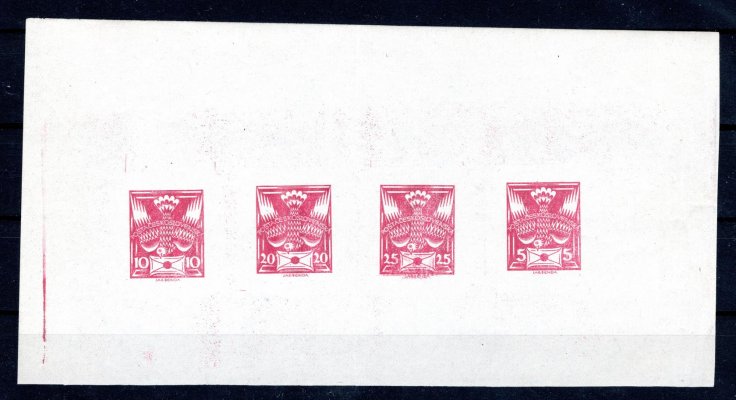 Soutisk 4 ZT, 10 h + 20 h + 25 h + 5 v červené  barvě na lístku známkového  papíru v aršíkové úpravě, opracované okraje, dvl mimo známky