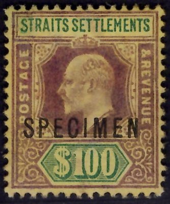 Straits Settlements SG 122, Michel 91 - 100 dolarů! Eduard VII s přetiskem Specimen! , koncová hodnota  extrémně vysokého nominálu
