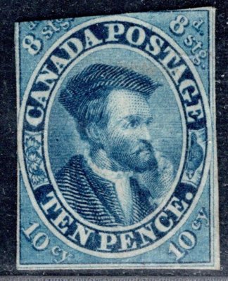 Canada -  SG 13 (Sc. 7), modrá 10 c, atest, užší střih na horním okraji, kat. cena 13 000 liber 