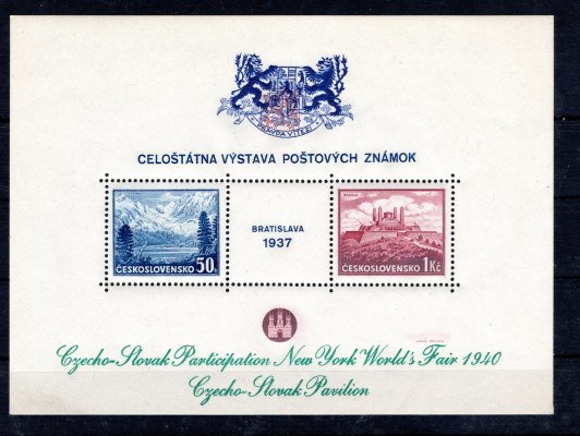 1939  New York,  ZT, modrý  přítisk ( posun přítisku doleva)  ,zelený text ( Slovak Fair 1940)  na aršíku Bratislava 1937