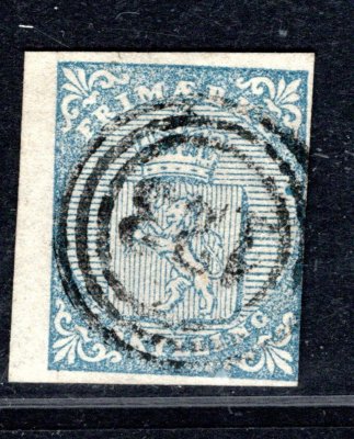 Norsko - Mi. 1. znak, 4 Sk modrá, číselné razítko