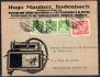firemní obálka vyplacená 3 x OR 50 h zelená a HaV 100 h červená z Podmokly - Bodenbach 28/III/24 do Francie, lehké stopy poštovního provozu