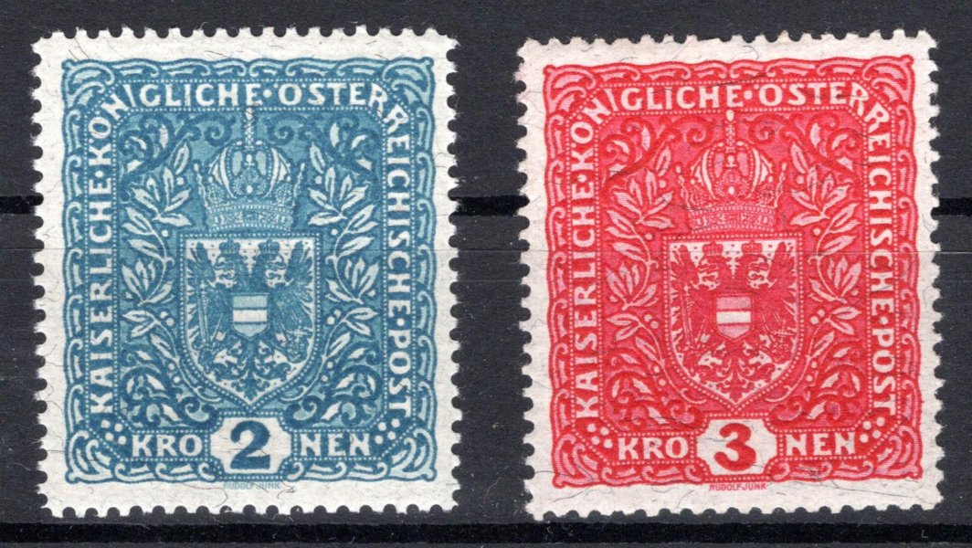 Rakousko - Mi. 208 II A, široký formát, žilkovaný papír, 2 K světle modrá + Rakousko - Mi. 209 II A, široký formát, žilkovaný papír, 3 K světle červená