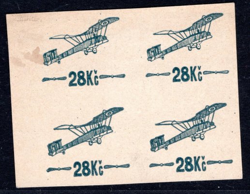  L 3 ; 28 Kč ZT zkusmý tisk přetisku hodnoty 28Kč v modré barvě na lístku papíru, 4-blok; na papíru s potiskem, zk. Vrba