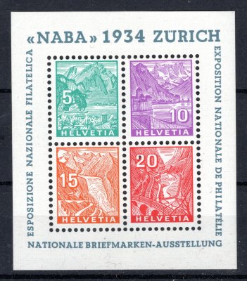 Švýcarsko - Mi. Bl. 1, NABA 1934, hledaný aršík