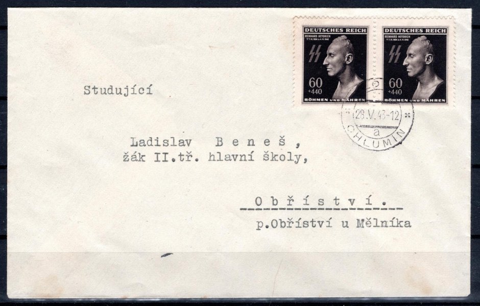 dopis z Chlumína 28/V/43 - FDC, vyplacený 2 x č. 111 - Heydrich adresovaný do Obříství