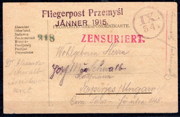 Flegerpost Przemysl, letecká pošta, leden 1915, karta adresovaná do Maďarska, zenzura, kulaté fialové razítko IX/4