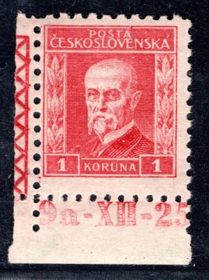 200 ; 1 Koruna Masaryk Typ V P5 - zk. Gilbert - rohový kus s Dč 9a-XII-25