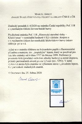 118 VV 2, historické stavební slohy, krajový kus nominální hodnoty 4 Kč,  s vynechaným tiskem červenohnědé barvy (název státu),  vzácné a hledané, atest Arbeit