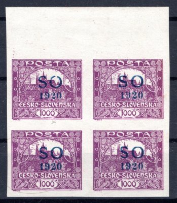 SO 23, horní krajový 4 blok 1000 h fialová, nálepka na okraji mimo známky, přetisková deska B/3