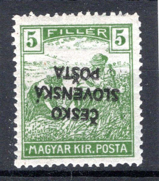 RV 140 Pp, Šrobárův přetisk, žencil, 5 f zelená, přetisk převrácený, zk. Mr
