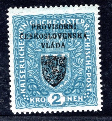 RV 16 a, 26 x 29 mm široká   I. Pražský přetisk, žilkovaný papír, 2 K modrá, zk. Gi