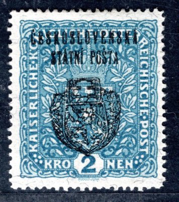 RV 37 a, II. Pražský přetisk, žilkovaný papír, 2 K modrá - obtisk přetisku, zk. Gi, vzácné