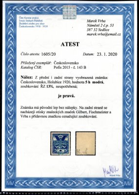 143 B ; 5 h modrá  - ŘZ 13 3/4 - zk. Gilbert + Atest Vrba - luxusní  vzácná známka 