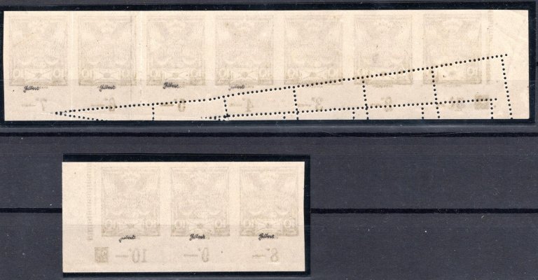 146 A, rozdělený 10 ti pás, 10 h olivová s posunem perforace a DZ, vzhledem k posunu perforace je tato DZ na pravé rohové třípásce asi jediný nález jako nevydaná známka s DZ 25, není v evidenci, extrémně vzácné