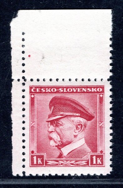 352 ; 1 koruna Masaryk  ; levý horní kus   - druhý náklad s nápichovým bodem   - dotisk pro protektorát 