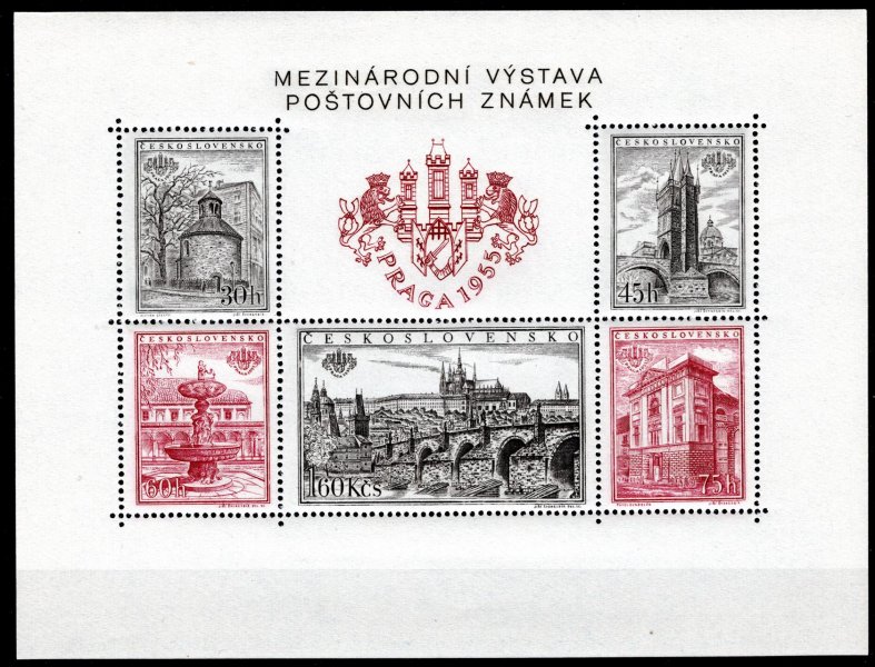 853 A - 857 A ; Aršík Praga 1955 - zoubkovaný aršík -  Typ I  G1/ F3 