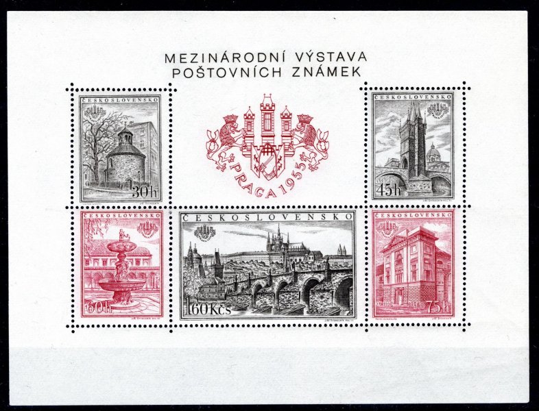 853 A - 857 A ; Aršík Praga 1955 - zoubkovaný aršík -  Typ I  A 1/ F2