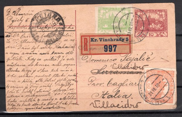 CDV 10, dofrankovaná  známkami č. 3 a 16, zaslaná jako R do Italie, podací pošta Kr. Vinohrady 31/VII/19, příchozí razítko, II. Tarifní stupeň, vyplaceno 10+5+60, správné Porto mělo být 65 h, na poště nebyla chybně započtena cena celiny, zajímavé