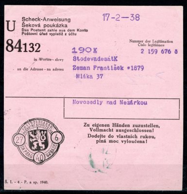 šeková poukázka Poštovní spořitelny na 190,- K , příchozí Novosedly nad Nežárkou 29/VI/40 s DL 9
