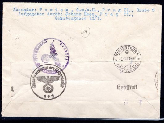 Ex dopis vyplacený známkami č. 41 + 47, do Švýcarska, podací razítko Praha 1, 28/I,41, modrá letecká nálepka, německá cenzura,  příchozí Winterthur 6/II/41