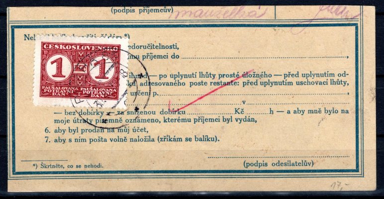 Potravinová daň ; ústřižek balíkové průvodky poslaný Ex, s předběžnou známkou ČR  č. 349, podací razítko Čelechovice na Hané, 29/III/39, na zadní straně známka  PD 9  B - Potravinová daň, razítko Praha  30/III/39, hezké a hledané