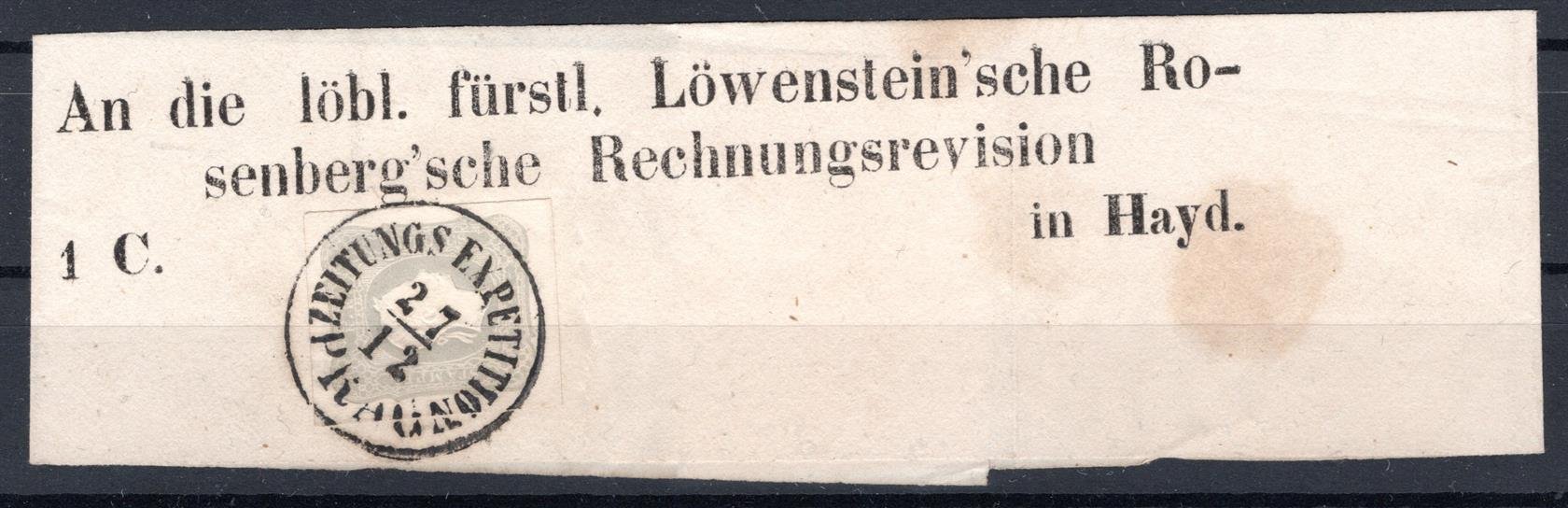 Rakousko - Mi. 23, novinová, světle šedá,  1,05 Kr,  na komplení novinové pásce, luxusní široké okraje,  hezké čitelné razítko - Novinová expedice Praha,  ex Mynář