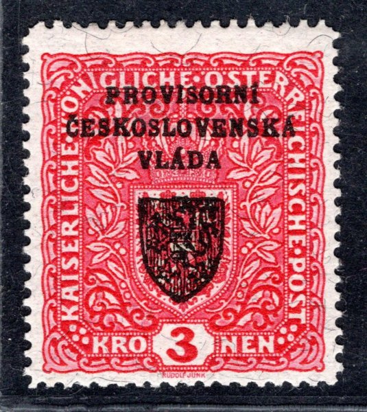 RV 17 a, I. Pražský přetisk, forrmát široký 29 mm x 26 mm -  papír žilkovaný, 3 K červená, zk Mr