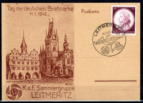 příležitostná karta ke dni německé známky 11.1. 1942, skupiny Litoměřice se známkou Mi. 810 a příležitostným razítkem