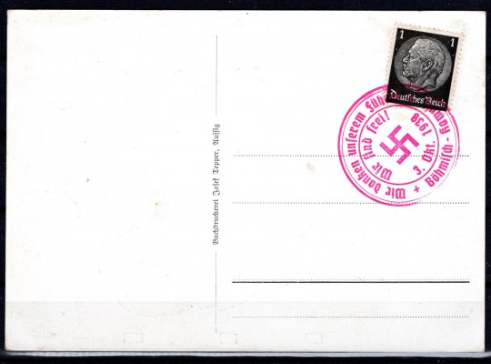 pohlednice Sudet (lehce na jednom místě stržena) se známkou 1 Pf Hindenburg a příležitostným razítkem "Wir sind frei"