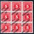 72, doplatní malá čísla, 5 h červená, 9 ti blok s velkým posunem přetisků směrem dolů, horní třípáska ( známka natržena + nálepka - 7 známek luxusní 
