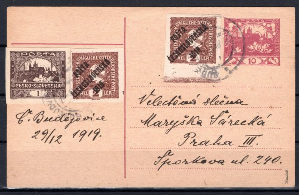 CDV 10 dofrankovaná známkami emise PČ 1919 + 1 H hradčany zaslaná z Budějovic do Prahy, správné porto !, zkoušeno Karásek