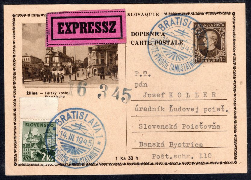 CDV 4/21, dofrankovaná Sy č. 55, zaslaná Ex z Bratislavy - modré příležitostné razítko 14/III/45 do Bánské bystrice, hezké