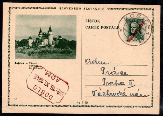 CDV 4/23 podací razítko Košice, zaslaná do Prahy příchozí 15/XI/45