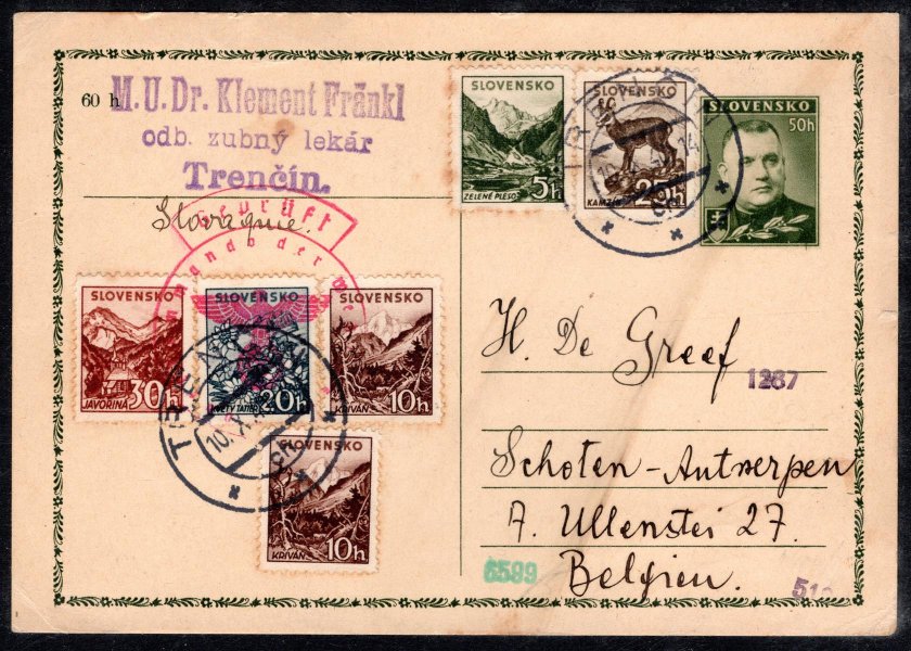 CDV 8, doplacená známkami Sy 47/51, známka 48 2x, razítko Trenčín 10/X/40, zaslaná do Belgie, cenzura, zajímavá celistvost