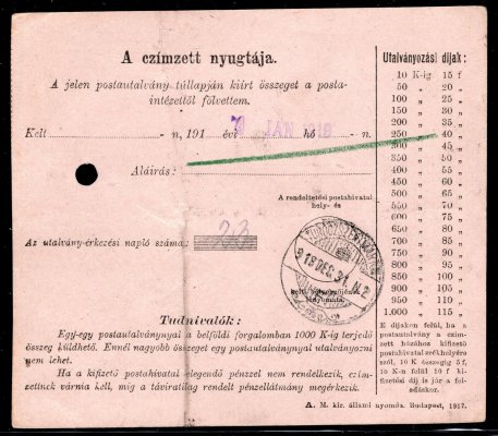 Uherská peněžní poukázka 2 f vypl. souběžnou zn. 35 f Ženci, vzácné uherské jednokruhové raz. DOBRONYA, 28. 12. 18, Vot. 142/1, 36 bodů! Zk. Karásek, pěkná jednoznámková frankatura, Merkur 1.000 Kč + razítko