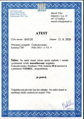 9 N, 20 h červená stříhaná s přetiskem VZOREC ve svislé třípásce , je známo pouze několik 4- bloků, ve třípásce zcela ojedinělé! , vzácný kus s perfektním střihem v luxusní kvalitě ! zk. Vrba + Atest Vrba 