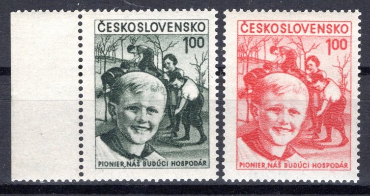 rok 1953 ; Nevydané známky z důvodu  měnové reformy ; 100 h - zelený krajový kus + červený 