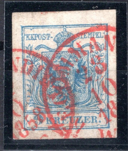 5 M III; 9 kr, strojní papír, typ III, červené raz. WIEN, 28. 10. 1858. Široké okraje, bezvadná kvalita. ANK € 50.-