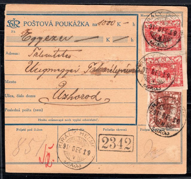 2/3 poštovní průvodka s frankaturou hradčanských známek, podací Király Helm... 15/DEC/19, adresovaná do Užhorodu