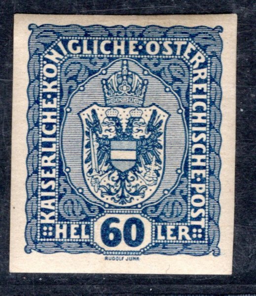 Rakousko - Mi. 196 U, znak, 60 H modrá, nezoubkovaná, hledané