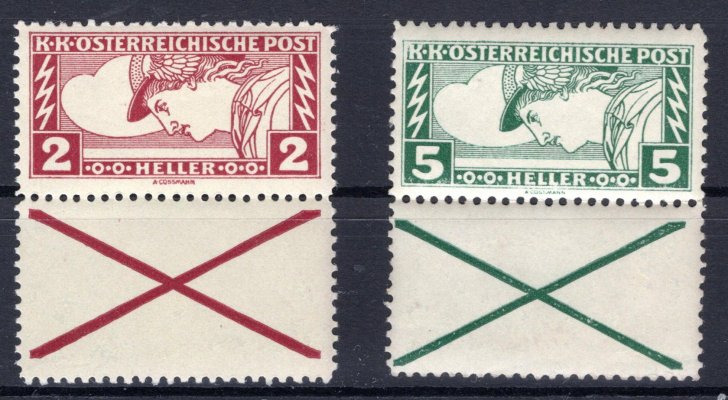 Rakousko - Mi. 219 A Kr, obdélník s kuponem, 2 h hnědočervená + Rakousko - Mi. 220 A Kr, obdélník s kuponem, 5 h zelená