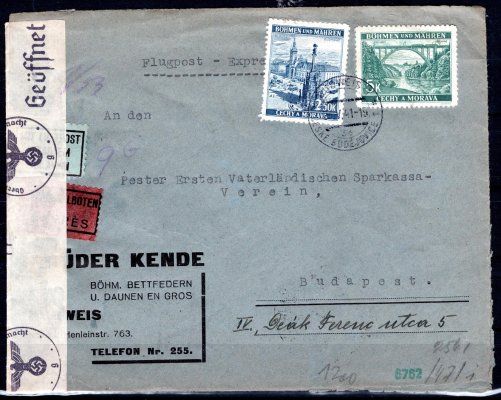 Ex dopis z Českých Budějovic, 26/V/41 se známkami č. 35 a 45 do Budapešti, příchozí 28/V/41, letecká nálepka, Německá cenzura