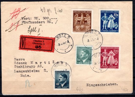 dobírkový R dopis na částku 500,-  RM, z Olomouce 18/III/44  s pestrou frankaturou známek B/M, do Německa, příchozí, Langenbielau 1, 30/3/44, odpadlé pečetě