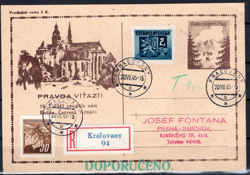 CDV 73 Pa (světle žlutá) zaslaná jako R a  dofrankovaná č.366 a č.373, razítko Kralovany 20/VIII/45, adresovana na J. Fontana Praha, příchozí Praha 23/vIII/45, podací lístek přiložen