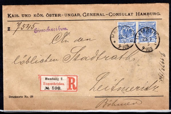 R dopis z Hamburku do Litoměřic s dvojicí Mi. 48, příchozí razítko