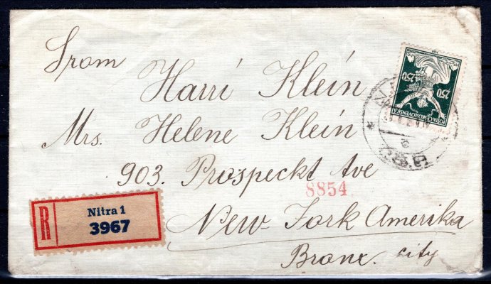 R dopis z Nitry vyplacený známkou 161, do USA s příchozím razítkem, stopy poštovního provozu, zajímavá frankatura