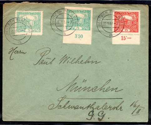 dopis z Německého Benešova 28/XI/19 s frankaturou Hradčanských známek (2 x s počítadlem) v hodnotě 25 h adresovaný do Mnichová