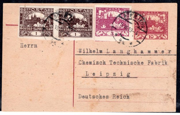 CDV 10 dofrankovaná známkami Hradčany 2 x 1 h a 1 x 3 h zadslaná do Německa, podací Böhm.Leipa, 5/VI/19